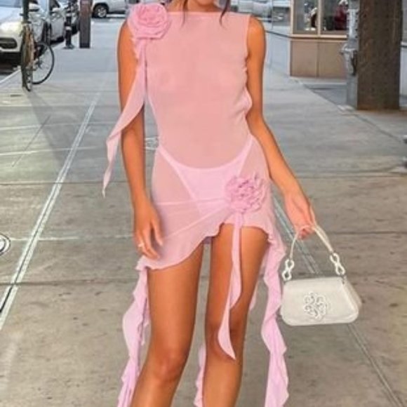 PINK ROSETTE FLOWY SHEER BACKLESS DRESS PARTY COCKTAIL - Picture 1 of 5